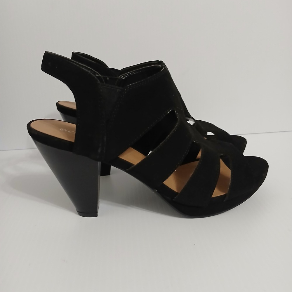 Solanz Kendra Womens Black Faux Suede Cage Cone Heel Sandals Size 9M